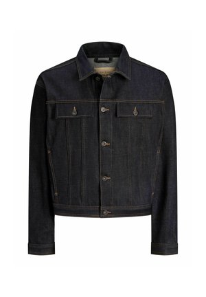 Mørkeblå denimjakke med knaplukning foran, to brystlommer med klap, lange ærmer og kontrastsyning.