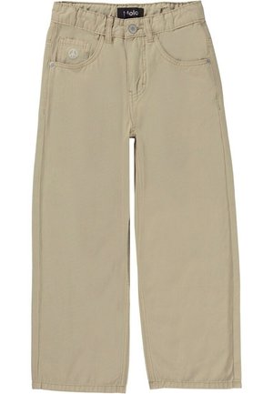 Pantalones beige de corte recto con cierre de botón y cremallera, bolsillos delanteros y traseros, y un pequeño emblema de símbolo de paz en uno de los bolsillos delanteros.