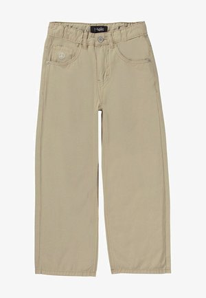 Beige rechte broek met knoop- en ritssluiting, voor- en achterzakken en een klein vredesteken op één van de voorzakken.