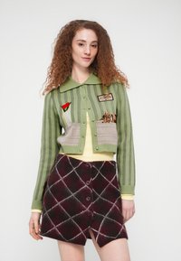 Πράσινη πλεκτή ζακέτα με ρίγες, διακοσμημένη με κεντήματα λουλουδιών και ζώων. Συνδυασμένη με καρό καφέ και βουργουνδίας φούστα με κουμπιά.