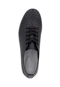 Black sneaker with a perforated upper featuring a hexagonal pattern, round laces, and a white outsole; smooth interior lining.