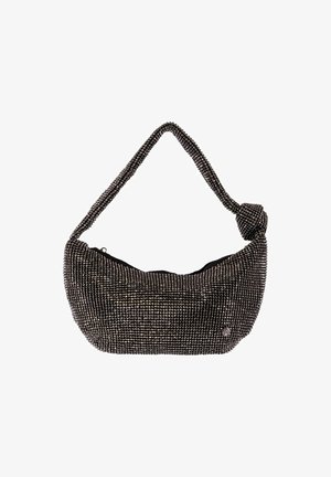 Borsa a mano nera con perline dalla forma arrotondata, con manico annodato. Presenta una superficie testurizzata e un dettaglio del logo sul lato.