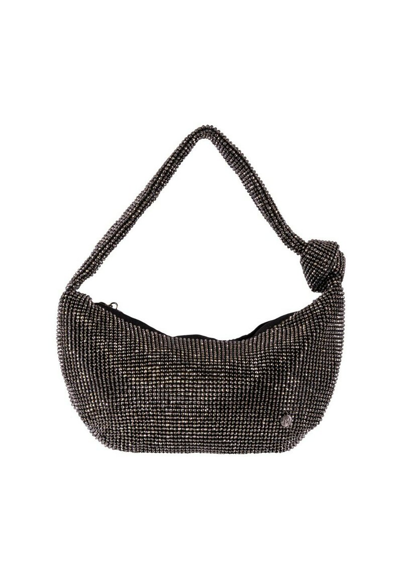 Borsa a mano nera con perline dalla forma arrotondata, con manico annodato. Presenta una superficie testurizzata e un dettaglio del logo sul lato.