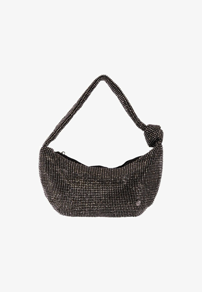 Borsa a mano nera con perline dalla forma arrotondata, con manico annodato. Presenta una superficie testurizzata e un dettaglio del logo sul lato.