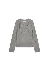 Grau gestrickter Pullover mit einer Schnürung an der Vorderseite, die mit metallischen Ösen versehen ist. Lange Ärmel sowie gerippter Saum und Bündchen. Weicher Stoff.