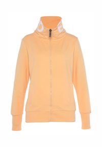 Giacca zip-up pesca con collo alto, tasche frontali e polsini a costine, con dettagli del logo bianco sul collo e sulla manica. Tessuto morbido.