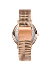 Uhr mit rosegoldfarbenem Mesh-Armband, runder Gehäuseform, poliertem Metall und einem klaren Zifferblatt. Verfügt über einen Verschluss und eine glatte Metalloberfläche.