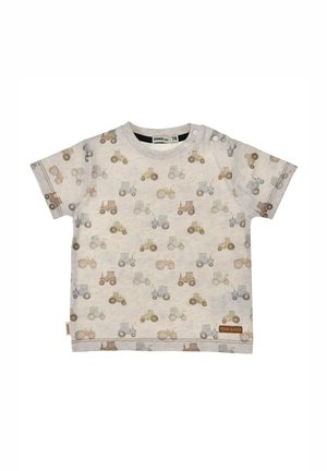 Light beige toddler shirt with small printed tractors in blue, brown, and gray, featuring snap buttons on one shoulder and "Team Daddy" label.