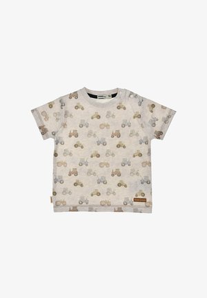 Hellbeiges Kleinkind-Shirt mit kleinen, blau-, braun- und graufarbenen Traktormotiven, mit Druckknöpfen an einer Schulter und "Team Daddy"-Etikett.