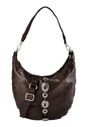 Dunkelbraune Leder-Umhängetasche mit verstellbarem Riemen und dekorativen silbernen ovalen und runden Metallverzierungen in der Mitte vorne.