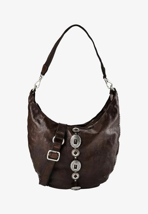 Borsa a tracolla in pelle marrone scuro con tracolla regolabile e decorazioni metalliche argentate ovali e rotonde sulla parte frontale centrale.