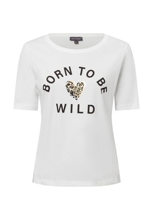 Weißes T-Shirt mit kurzen Ärmeln und dem Text "BORN TO BE WILD" in Schwarz sowie einem metallischen Leopardenmuster-Herz im Zentrum. Aus weichem Baumwollmaterial.