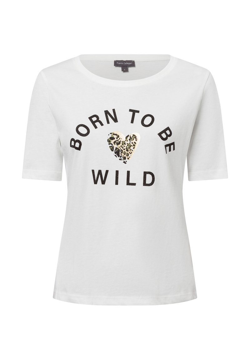 White short-sleeve t-shirt with "BORN TO BE WILD" text in black and a metallic leopard print heart accent in the center. Soft cotton material.
