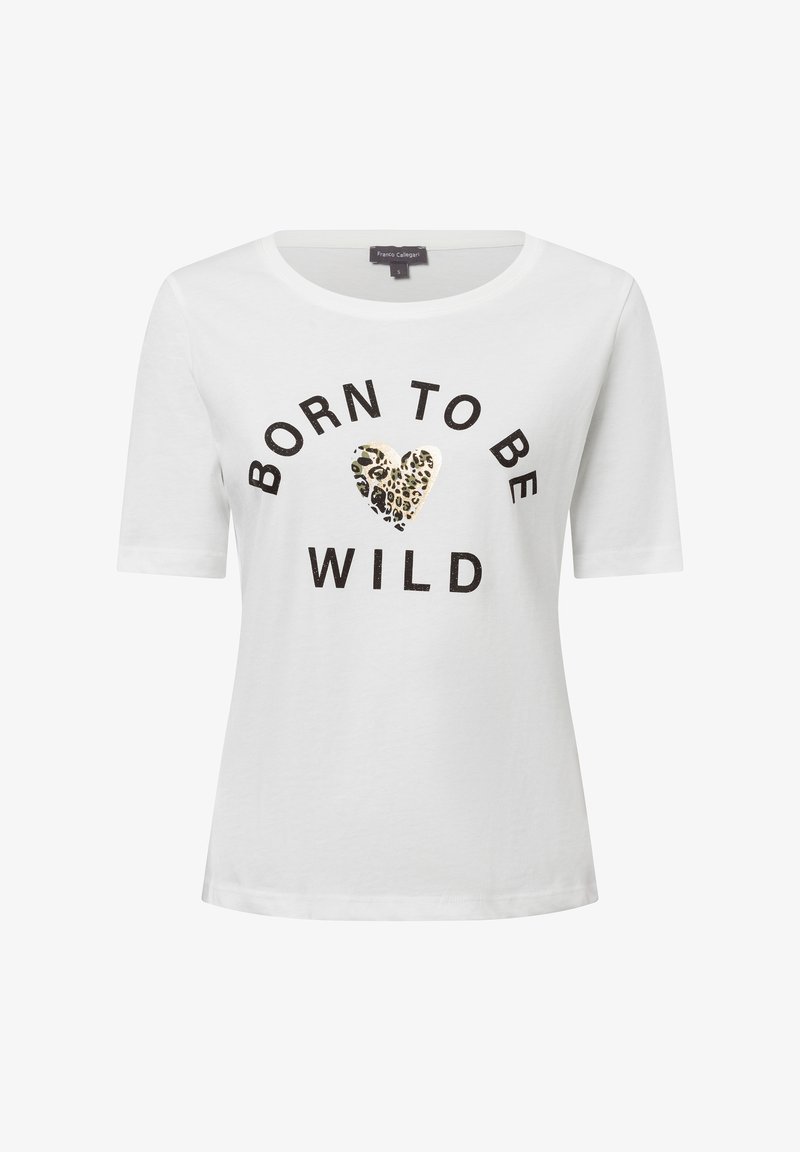 White short-sleeve t-shirt with "BORN TO BE WILD" text in black and a metallic leopard print heart accent in the center. Soft cotton material.