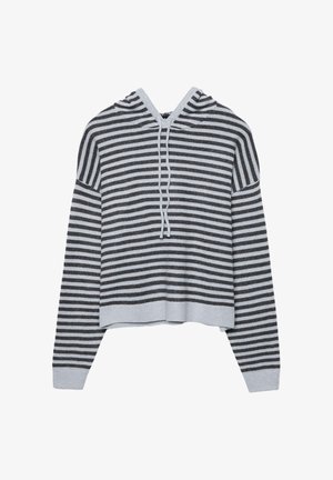 Stripet hættetrøje med et lyst grå og mørkt grå mønster, der har snoretræk i hætten, afslappet pasform og ribbede manchetter og kant.