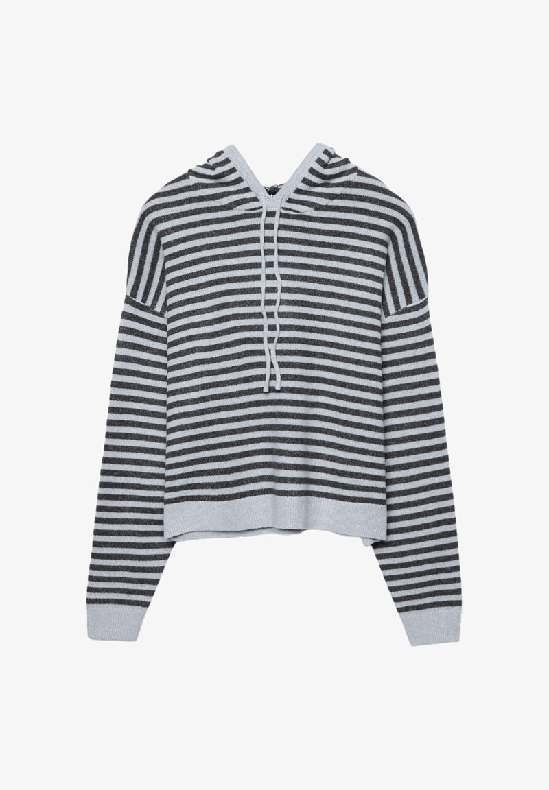 Gestreifter Hoodie mit einem hellgrauen und dunkelgrauen Muster, ausgestattet mit einer Kapuze mit Kordelzug, lockerer Passform und gerippten Bündchen und Saum.