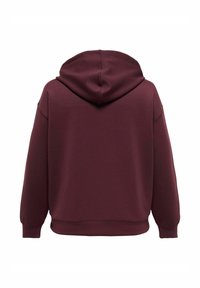 Bordo kapuce ar aukliņu, garām piedurknēm, ribota apakšmala un brīvs piegriezums, izgatavota no mīksta, strukturēta auduma.