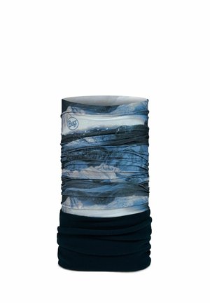 Braga de cuello multifuncional hecha de tela elástica, con un patrón degradado de montañas azules y una sección inferior de color negro sólido.