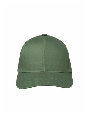 Green cotton baseball cap with a structured crown, curved visor, stitched accents, and a top button. Textured material, simple design.