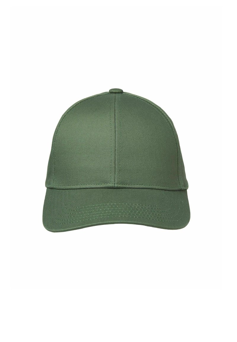 Casquette de baseball en coton vert avec une couronne structurée, visière incurvée, accents cousus et un bouton supérieur. Matériau texturé, design simple.
