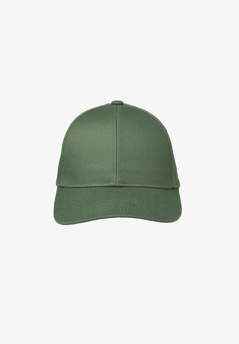Cappellino da baseball verde in cotone con corona strutturata, visiera curva, decorazioni cucite e bottone sulla parte superiore. Materiale testurizzato, design semplice.