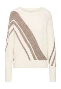 Maglione crema realizzato in morbido tessuto, con design a strisce diagonali marroni, scollatura rotonda e maniche lunghe.
