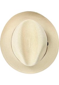 Chapeau en paille à large bord de couleur crème. Présente un motif de tissage circulaire, une texture lisse et une couronne légèrement incurvée pour un look décontracté.