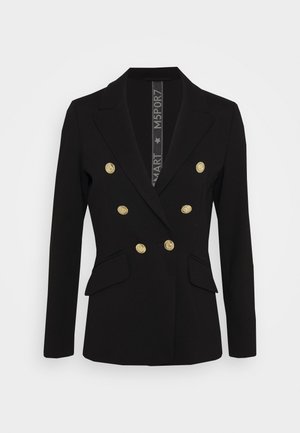 Black double-breasted blazer with gold buttons, featuring a tailored design, pointed lapels, and side pockets, made of a smooth fabric.