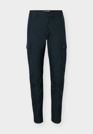 Tamsiai naktinės mėlynos spalvos lieknos krovininės kelnės su mygtukais užsegamomis kišenėmis ant kiekvienos šlaunies, priekyje mygtukais užsegamas užtrauktukas ir diržo kilpos.