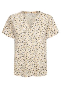 Blomstret kortærmet bluse med v-hals-design, der har en lys beige baggrund og multikolorede blomstermønstre. Blødt stof.