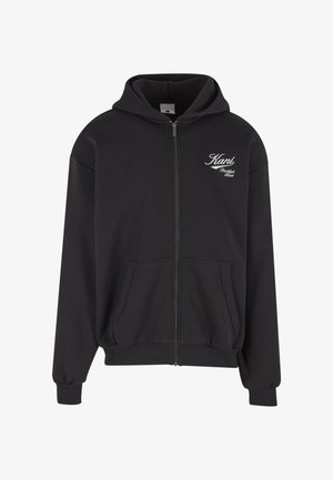 Fekete cipzáras kapucnis pulóver puha anyagból. Elöl logóval, két oldalzsebbel, bordázott mandzsettákkal és húzózsinóros kapucnival.