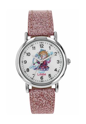 Kinderarmbanduhr mit glitzerndem pinkfarbenem Armband, weißem Zifferblatt mit Cartoon-Feenmotiv, schwarzen Zahlen und silbernem Gehäuse.