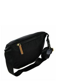 Borsa a tracolla nera in nylon con scomparto principale con zip, tracolla regolabile e un piccolo etichetta in pelle. Texture liscia e design minimalista.