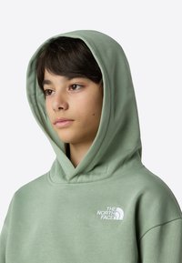 Svijetlozelena hoodie majica od mekog materijala. Ima veliki kapuljaču i bijeli izvezeni logo na lijevoj strani prsa. Jednostavan dizajn.