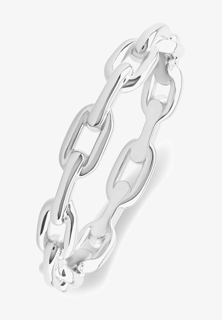 Armband aus Silbermetall mit länglichen Gliedern und polierter Oberfläche. Das Design ist glatt, mit leicht strukturierter Oberfläche an einigen Gliedern.