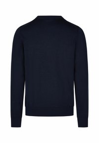 Marineblauwe gebreide trui, ronde hals, lange mouwen, geribde manchetten en zoom, gladde textuur, eenvoudig ontwerp, geen zichtbare patronen of accenten.