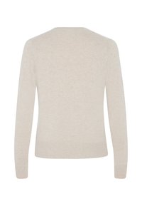 Maglione lavorato a maglia color beige chiaro con maniche lunghe, un semplice collo a giro e orlo a coste. Texture morbida, peso medio, design del retro senza cuciture.