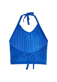 Top halter blu con righe verticali, realizzato in materiale leggero. Caratterizzato da una chiusura a nodo al collo e nella parte posteriore. Design in tessuto testurizzato.