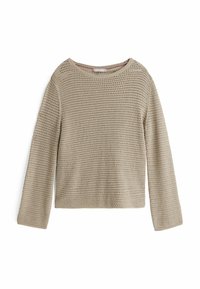 Beige gestrickter Pullover mit loser, offener Maschenstruktur. Verfügt über einen Rundhalsausschnitt und lange Ärmel, entworfen für eine entspannte Passform.