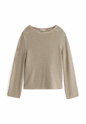 Beige gebreide trui met een losse, open weving. Heeft een ronde hals en lange mouwen, ontworpen voor een relaxed fit.