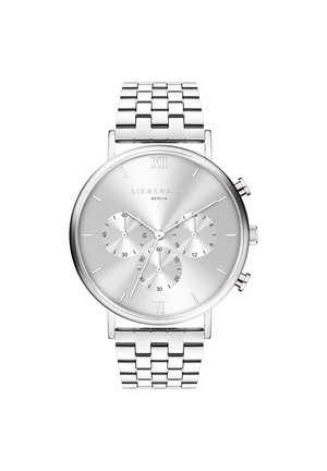 Sølv rustfrit ståluhr med en rund urskive, tre sub-dials og romertal ved 12 og 6. Poleret metalarmbånd med leddesign.