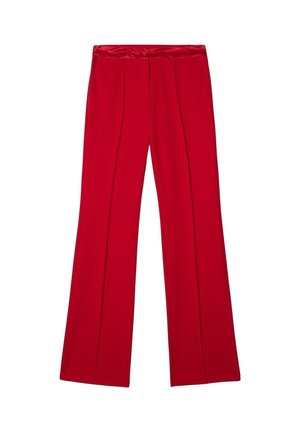 Czerwone spodnie o szerokich nogawkach, wykonane z gładkiej tkaniny. Posiadają płaską talię z guzikiem oraz dwie przednie zakładki, które nadają im wyrafinowany kształt.