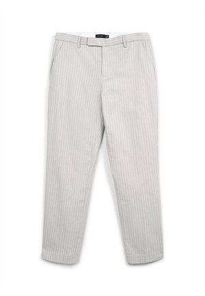Light gray trousers with thin vertical stripes, featuring a flat front, belt loops, and side pockets. Made from fabric with a smooth texture.