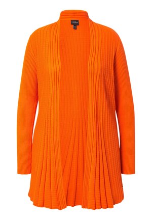 Heldere oranje cardigan van geribbeld breiwerk met lange mouwen en een open voorkant, met verticale textuurpatronen en een ontspannen pasvorm.