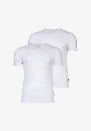 Białe koszulki w pakiecie dwóch sztuk, z okrągłym dekoltem, krótkim rękawem i gładkim, lekkim materiałem. Minimalistyczny design bez widocznych wzorów.