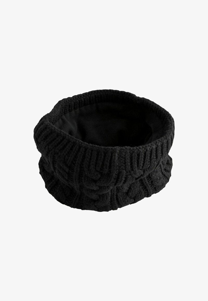 Tour de cou noir tricoté avec un motif côtelé et torsadé, présenté ouvert et vide sur fond blanc.