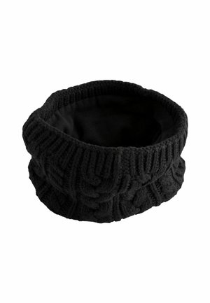 Col roulé en tricot noir avec un motif en relief de câbles et une doublure intérieure douce. Le design est rond et ample, idéal pour la chaleur et le confort.