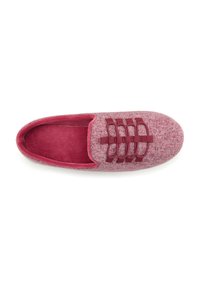Pink wool slipper with a textured surface, featuring a padded inner sole and a decorative lace design in darker pink.