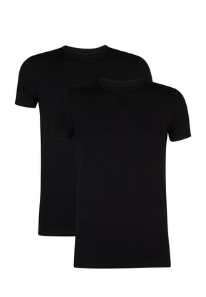 Deux t-shirts en coton noir à manches courtes et col rond. Texture lisse, sans logos ni motifs visibles, coupe standard, vue de face.