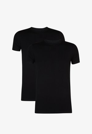 Two black cotton t-shirts with short sleeves and crew necks. Smooth texture, no visible logos or patterns, standard fit, front view.